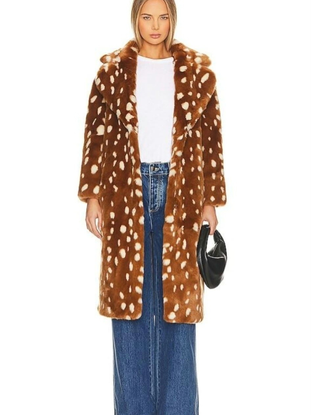 Faux Fur Spotted Long Coat - Brown/White